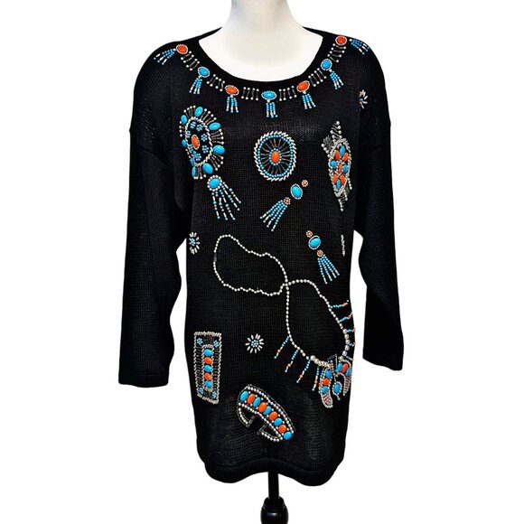 Victoria Jones Vintage 80s Beaded Knit Sweater Dress Shoulder Pad Oversize Tunic - Picture 5 of 12